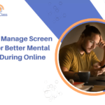 Stressed student checking phone and laptop, highlighting mental health during online class.