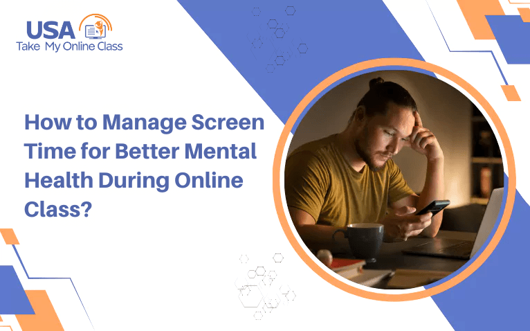 Stressed student checking phone and laptop, highlighting mental health during online class.