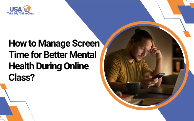 Stressed student checking phone and laptop, highlighting mental health during online class.