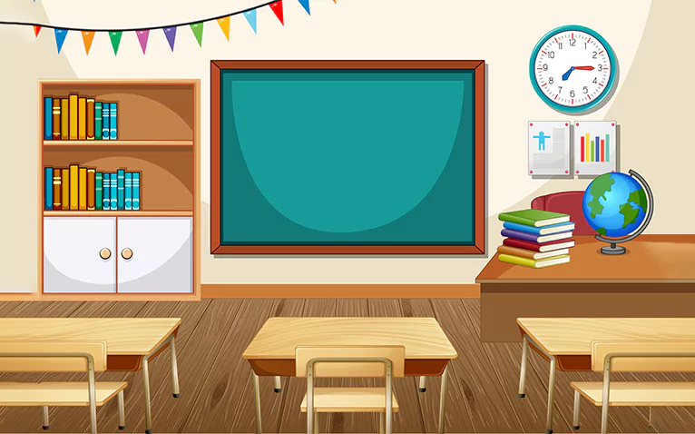 Illustrated traditional classroom setup with desks, chalkboard, books, globe, and colorful educational wall decorations