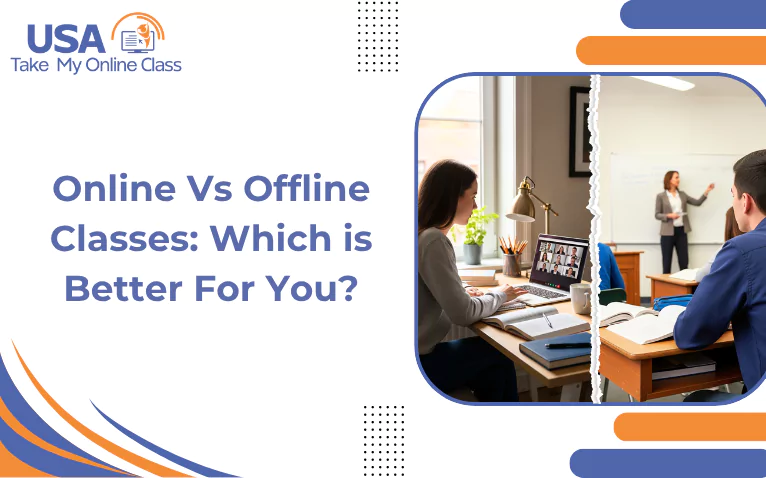 Online Vs Offline Classes comparison visual with students learning on laptop versus teacher-led classroom interaction