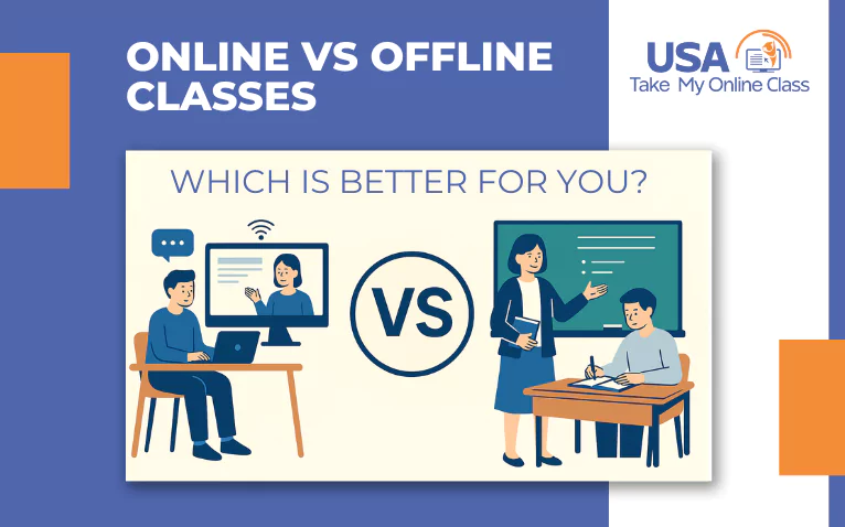 Online Vs Offline Classes comparison visual with students learning on laptop versus teacher-led classroom interaction