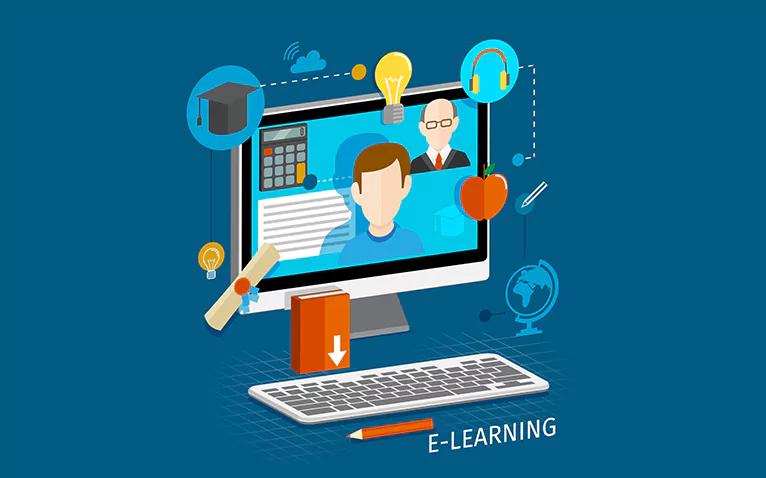 E-learning concept illustration showing virtual classroom with students, teachers, books, and digital learning tools