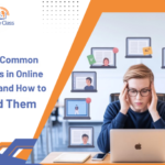 Stressed student with laptop surrounded by notifications, showing Common Mistakes in Online Classes.