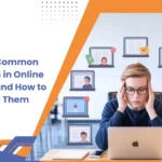 Stressed student with laptop surrounded by notifications, showing Common Mistakes in Online Classes.