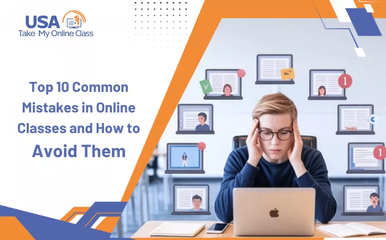 Stressed student with laptop surrounded by notifications, showing Common Mistakes in Online Classes.