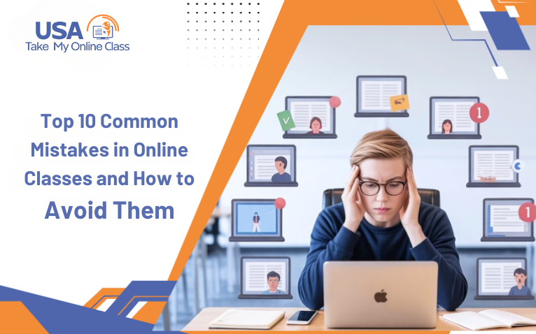 Stressed student with laptop surrounded by notifications, showing Common Mistakes in Online Classes.