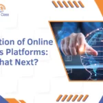 Illustration showing the Evolution of Online Class platforms with futuristic tech elements.