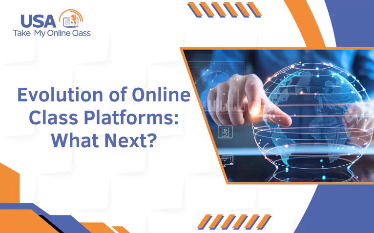Illustration showing the Evolution of Online Class platforms with futuristic tech elements.