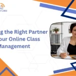 Woman with headphones smiling and studying at a laptop for online class management.