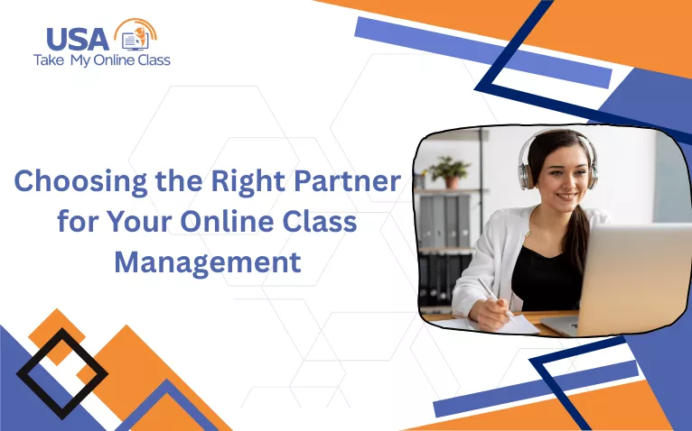 Woman with headphones smiling and studying at a laptop for online class management.