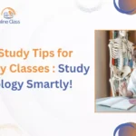 Title image for an article about 18 Study Tips for Biology Classes with a student reading near a skeleton model.