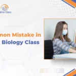 9 common mistakes in online biology class title graphic with student studying