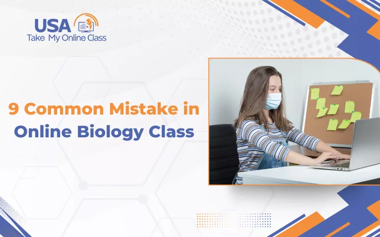 9 common mistakes in online biology class title graphic with student studying