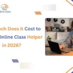 Student calculating cost to hire an online class helper while studying on laptop