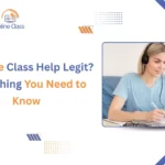 Educational banner asking "Is Online Class Help Legit?" featuring a woman studying with a headset