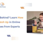 Student using a laptop with text on how to catch up in online classes from experts