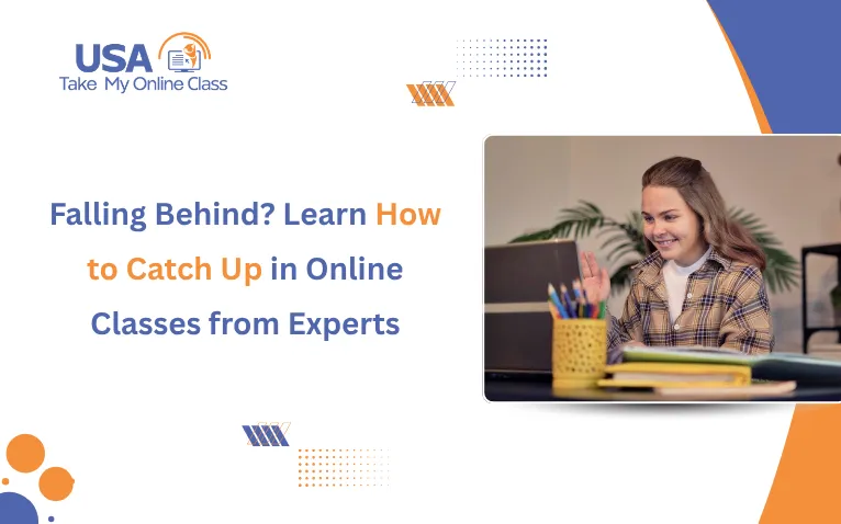 Student using a laptop with text on how to catch up in online classes from experts